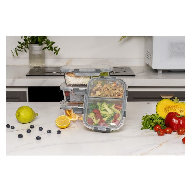 Zestaw 4 pojemników szklanych 1050 ml z przegrodą lunchbox GierekHoff Split 1104 żaroodporne hermetyczne dwukomorowe