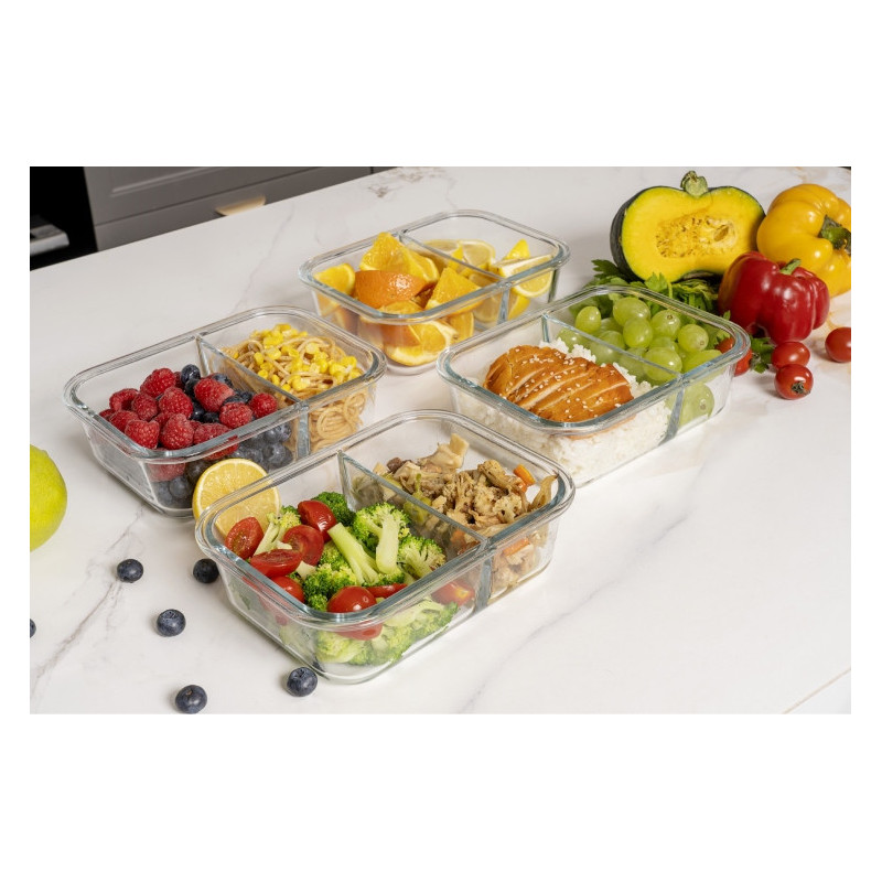 Zestaw 4 pojemników szklanych 1050 ml z przegrodą lunchbox GierekHoff Split 1104 żaroodporne hermetyczne dwukomorowe