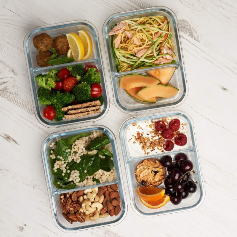 Zestaw 4 pojemników szklanych 1050 ml z przegrodą lunchbox GierekHoff Split 1104 żaroodporne hermetyczne dwukomorowe