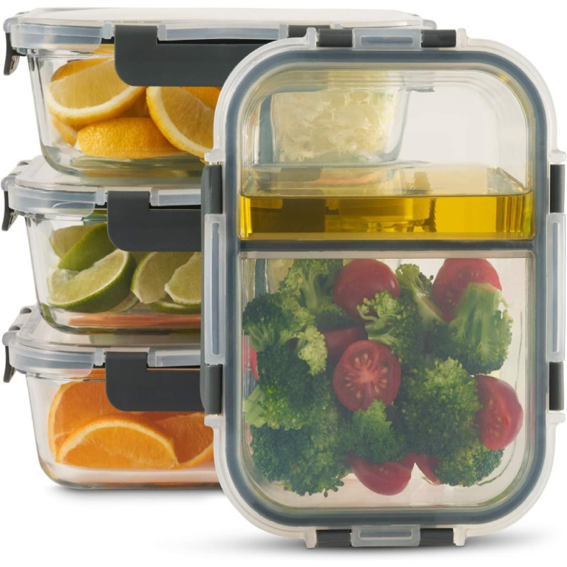 Zestaw 4 pojemników szklanych 1050 ml z przegrodą lunchbox GierekHoff Split 1104 żaroodporne hermetyczne dwukomorowe