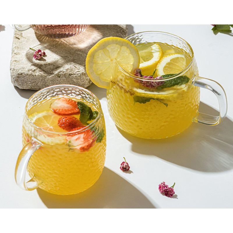 Szklanki z uchem 380 ml Florina Savia efekt młotkowania do kawy latte komplet kuków szklanych 6 sztuk