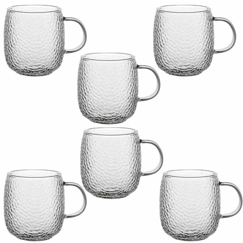 Szklanki z uchem 380 ml Florina Savia efekt młotkowania do kawy latte komplet kuków szklanych 6 sztuk