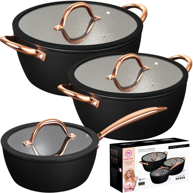 Garnki MG Home Rose Gold 6 elementów zestaw 3 garnków 16/20/24 cm rondel na indukcję