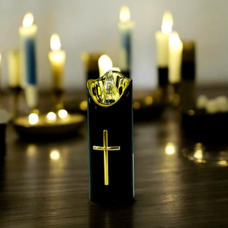Wkład do znicza 17 cm świeczka czarna LED z krzyżem białe światło Cortina Rico baterie AA