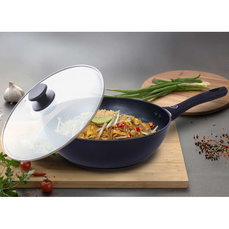 Wok z pokrywką 28 cm patelnia głęboka czarna nieprzywieralna powłoka MG Home