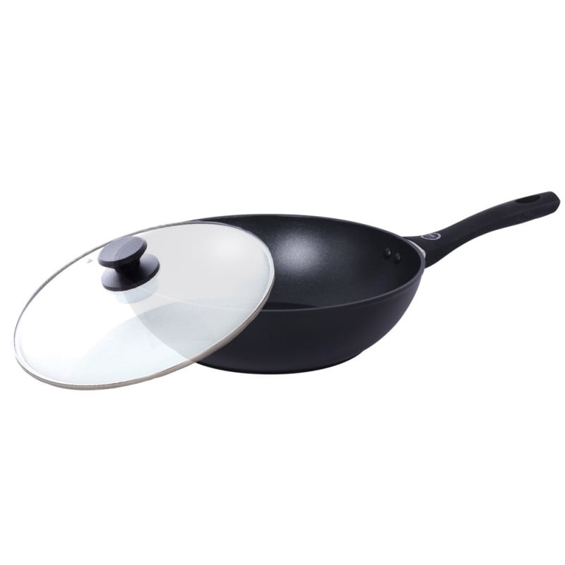 Wok z pokrywką 28 cm patelnia głęboka czarna nieprzywieralna powłoka MG Home