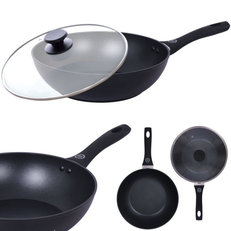 Wok z pokrywką 28 cm patelnia głęboka czarna nieprzywieralna powłoka MG Home