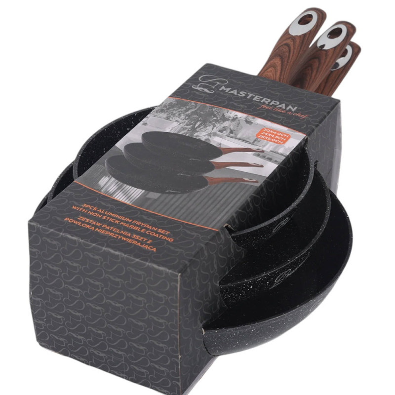 Patelnie aluminiowe z powłoką marmurkową 20/24/28 cm zestaw 3 sztuk czarne Masterpan MP 2382