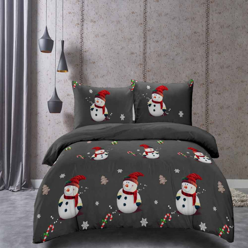Pościel świąteczna 160x200 bawełna satynowa dwustronna Fashion Home gruba 3 części A022 grafitowa z bałwanem