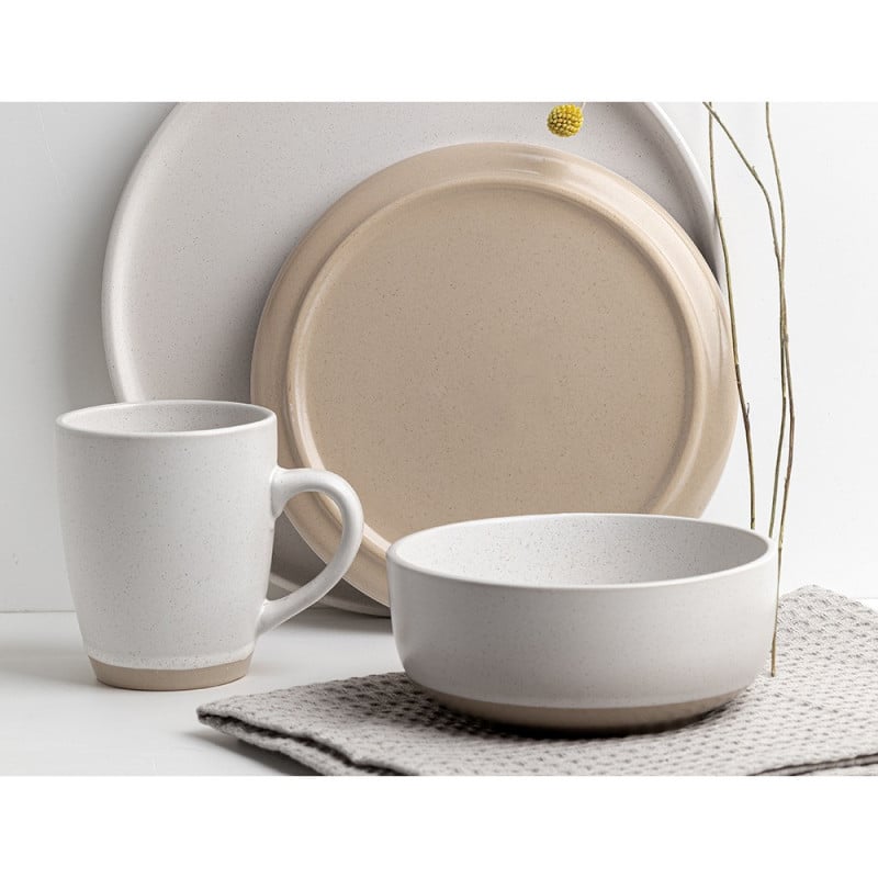 Serwis obiadowy porcelanowy Florina Lila 24 elementy zestaw talerzy kubki dla 6 osób kremowy nakrapiany