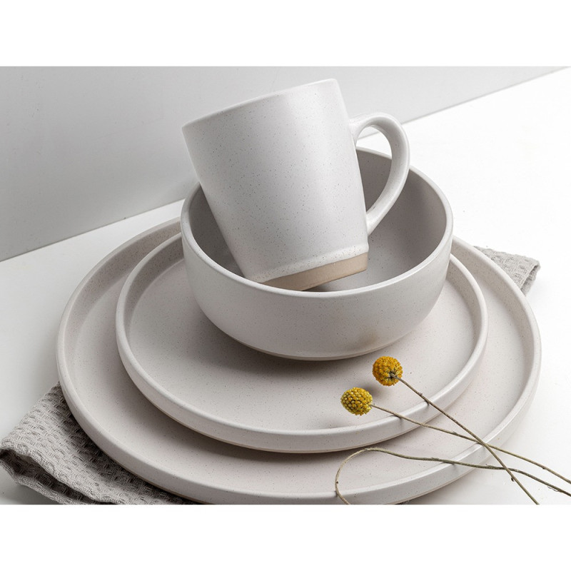 Serwis obiadowy porcelanowy Florina Lila 24 elementy zestaw talerzy kubki dla 6 osób kremowy nakrapiany
