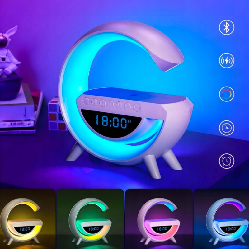 Lampka LED zegar z radiem Blutooth budzikiem i ładowarką QI 2520