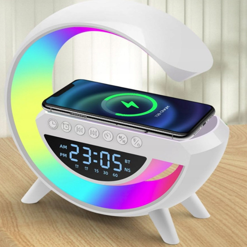 Lampka LED zegar z radiem Blutooth budzikiem i ładowarką QI 2520