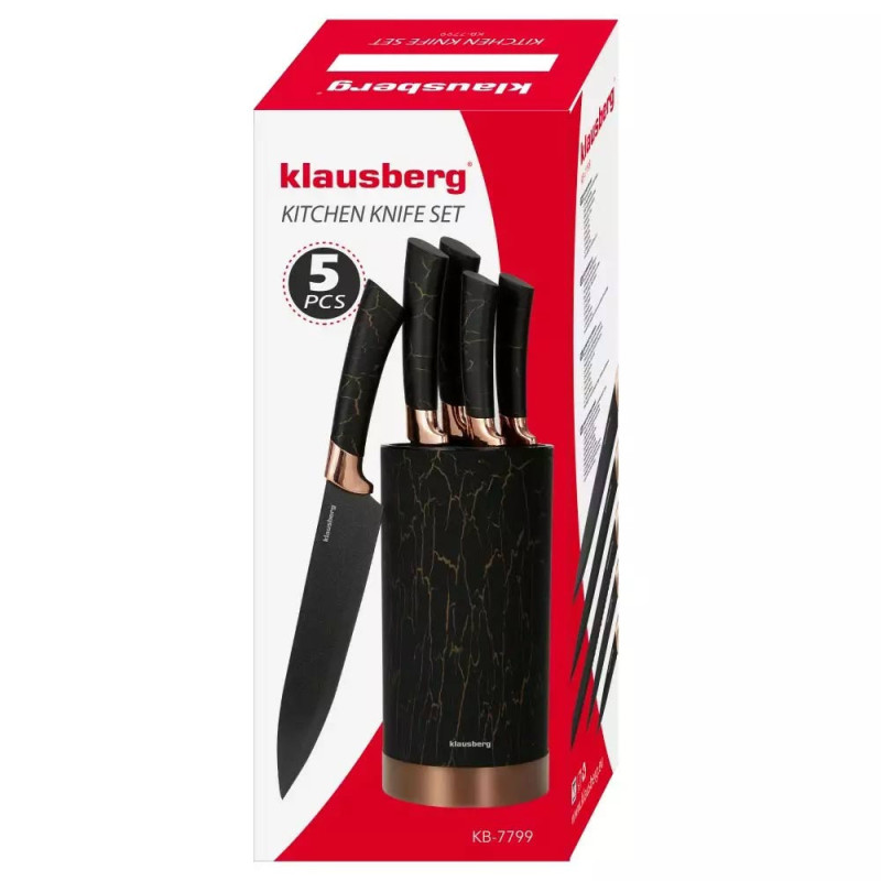Zestaw noży kuchennych komplet ze stali nierdzewnej 5 elementowy w bloku czarny marmur Klausberg KB 7799
