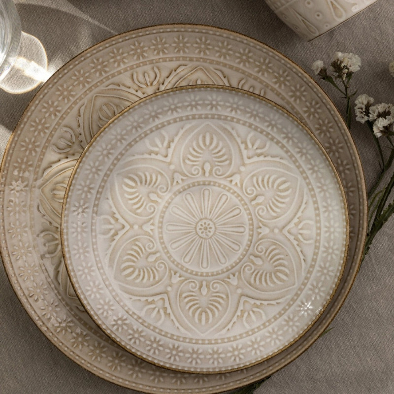 Serwis obiadowy porcelanowy Florina Aristo 18 elementów zestaw talerzy dla 6 osób zdobione beżowe