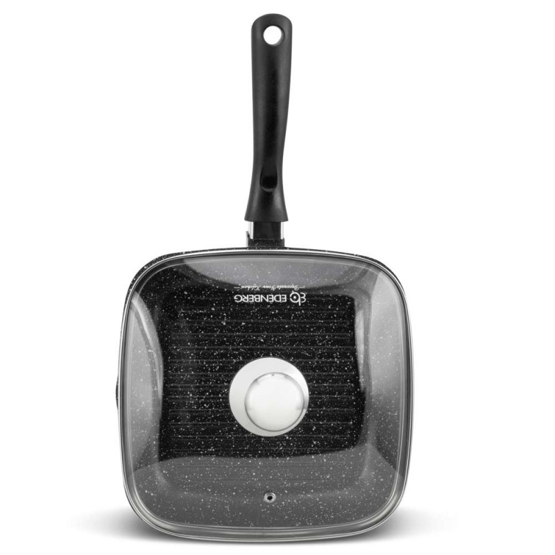 Patelnia grillowa z pokrywką 24 cm kwadratowa powłoka czarny marmur Edenberg EB 8136 indukcja gaz