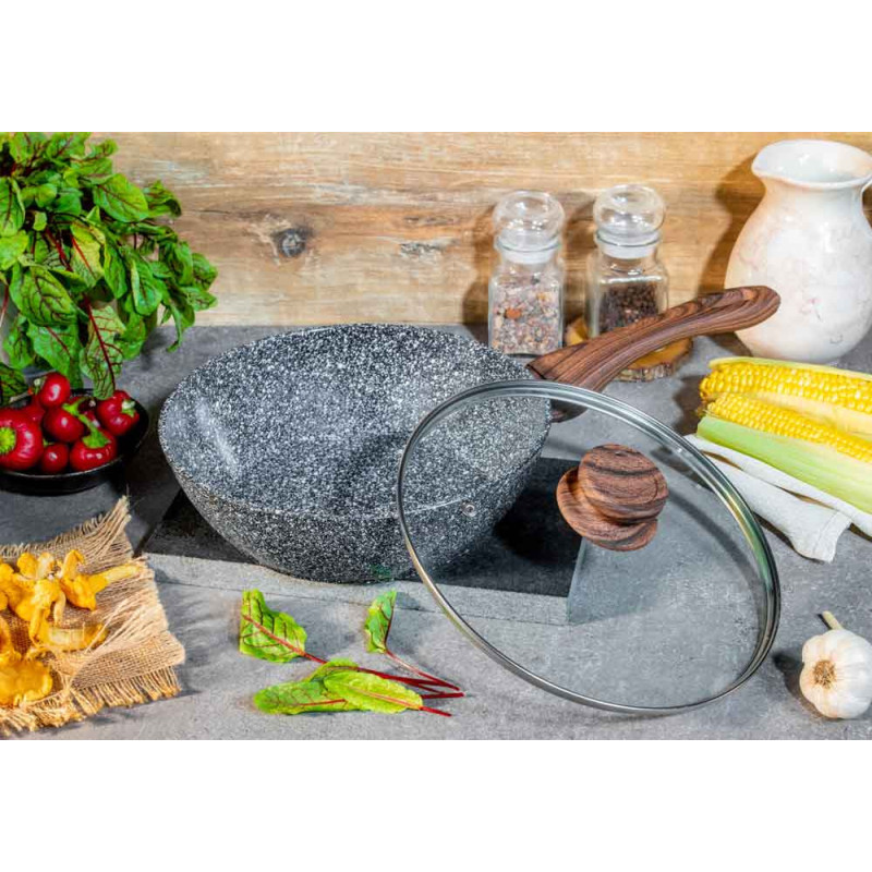Patelnia głęboka z pokrywką wok 24 cm średnia powłoka szary marmurek Edenberg EB 5662 indukcyjna gaz
