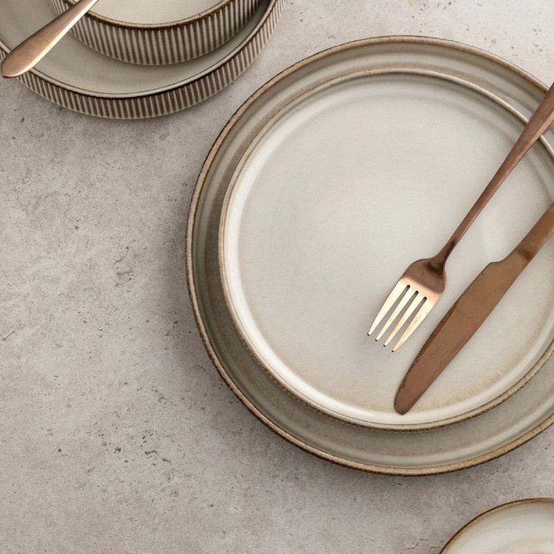 Talerz deserowy 21 cm porcelanowy GierekHoff Evie kremowy prążkowany retro