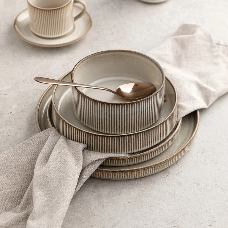 Talerz deserowy 21 cm porcelanowy GierekHoff Evie kremowy prążkowany retro