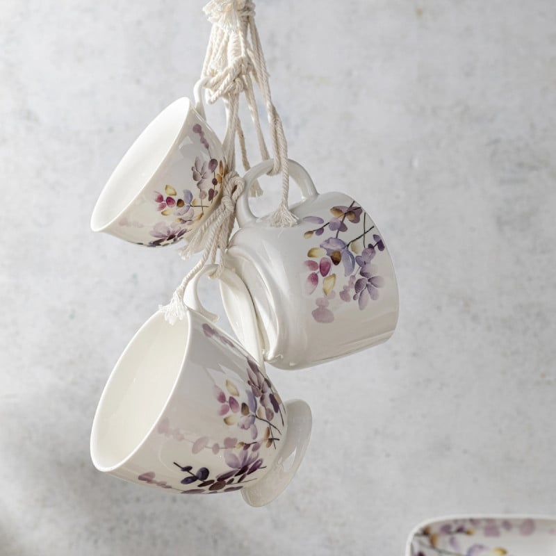 Kubki porcelanowe na nóżce Florina Japandi 400 ml zestaw 6 kubków białe wzór kwiaty