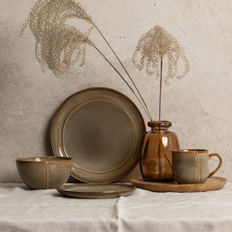 Serwis obiadowy porcelanowy Florina Bergen 24 elementy zestaw talerzy dla 6 osób retro brązowe