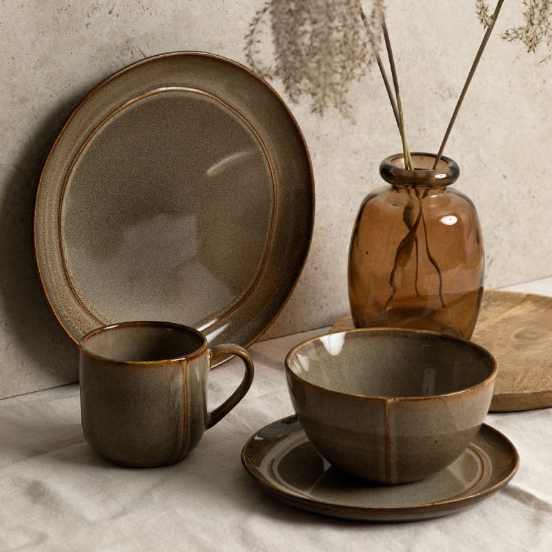 Serwis obiadowy porcelanowy Florina Bergen 24 elementy zestaw talerzy dla 6 osób retro brązowe
