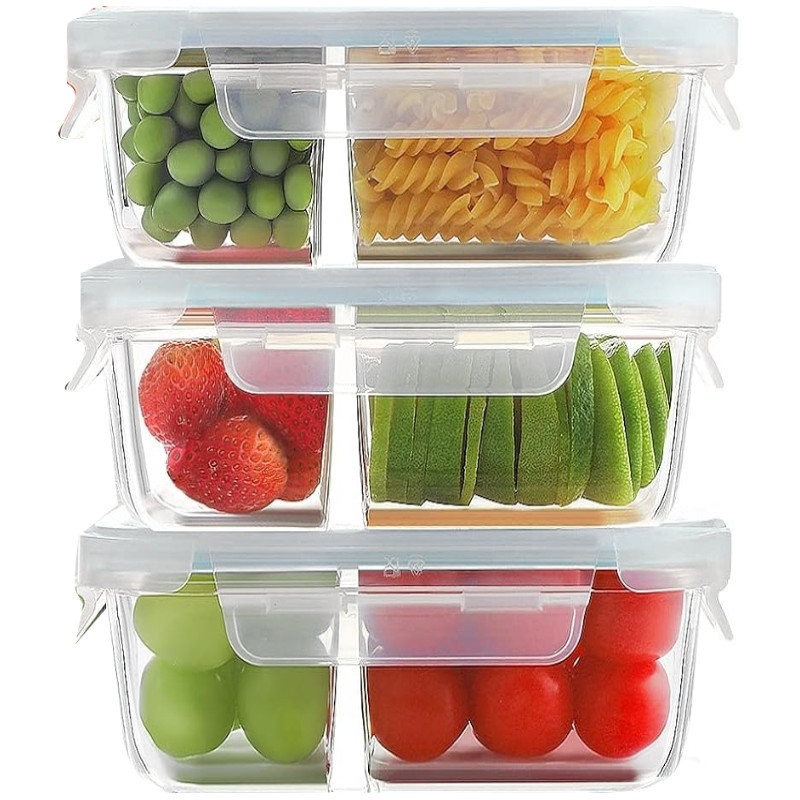 Pojemniki szklane dzielone dwukomorowe Florina Frigo 750 ml zestaw 3 sztuki kwadratowe lunchbox hermetyczne