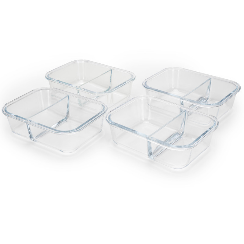 Zestaw 4 pojemników szklanych 1050 ml z przegrodą lunchbox GierekHoff Split 1104 żaroodporne hermetyczne dwukomorowe