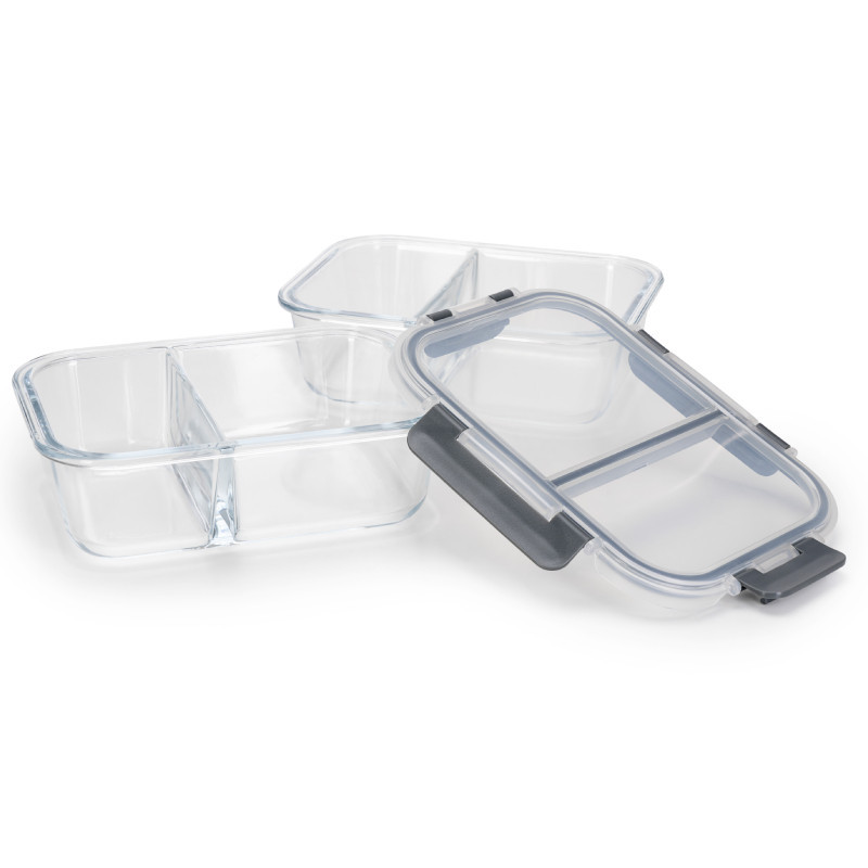Zestaw 4 pojemników szklanych 1050 ml z przegrodą lunchbox GierekHoff Split 1104 żaroodporne hermetyczne dwukomorowe