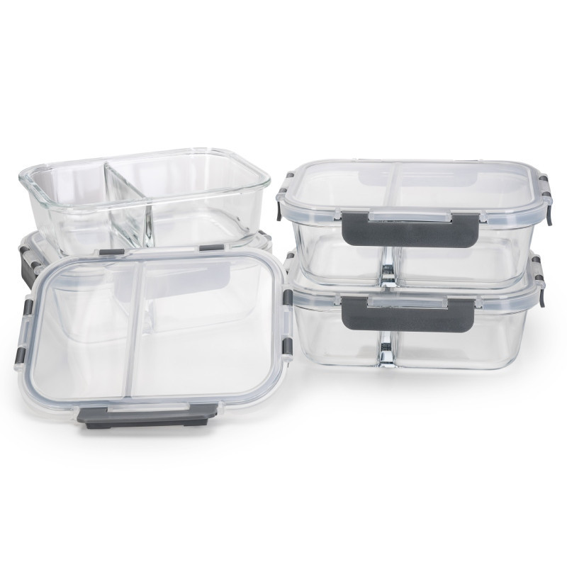 Zestaw 4 pojemników szklanych 1050 ml z przegrodą lunchbox GierekHoff Split 1104 żaroodporne hermetyczne dwukomorowe