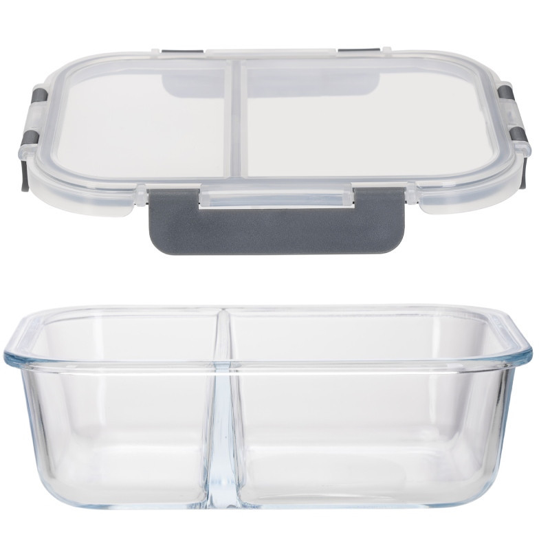Zestaw 4 pojemników szklanych 1050 ml z przegrodą lunchbox GierekHoff Split 1104 żaroodporne hermetyczne dwukomorowe