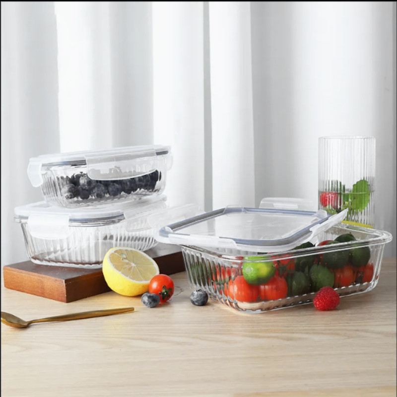 Pojemniki szklane ryflowane Florina Mariet lunchbox 1050/640/370 ml żaroodporne hermetyczne