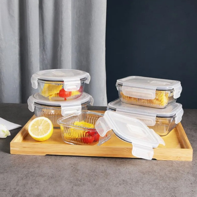 Pojemniki szklane ryflowane Florina Mariet lunchbox zestaw 7 sztuk żaroodporne hermetyczne