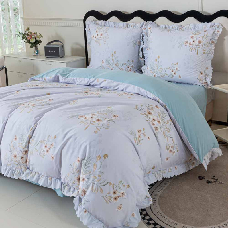 Pościel z falbanką 220x200 mikrofibra Cotton World 3 części niebieska w kwiaty 2905