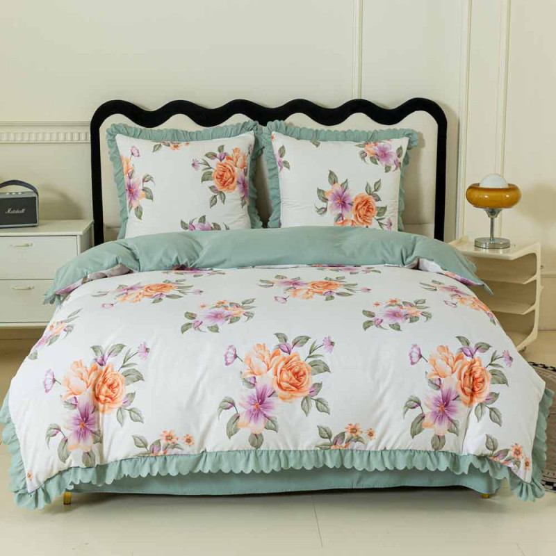 Pościel z falbanką 160x200 mikrofibra Cotton World 3 części zielona w kwiaty 2910