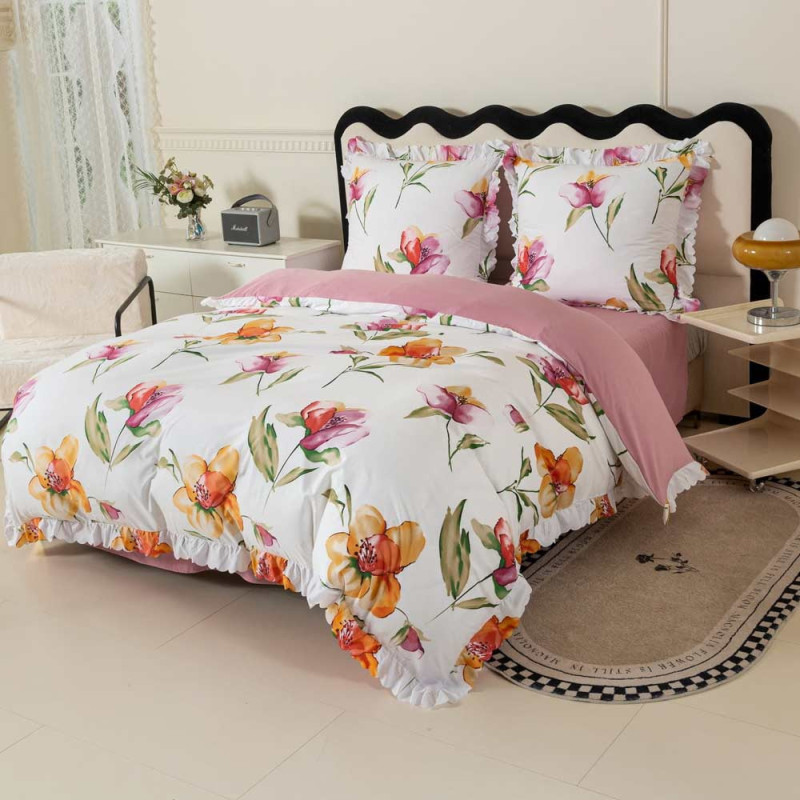 Pościel z falbanką 220x200 mikrofibra Cotton World 3 części różowa w kwiaty 2903