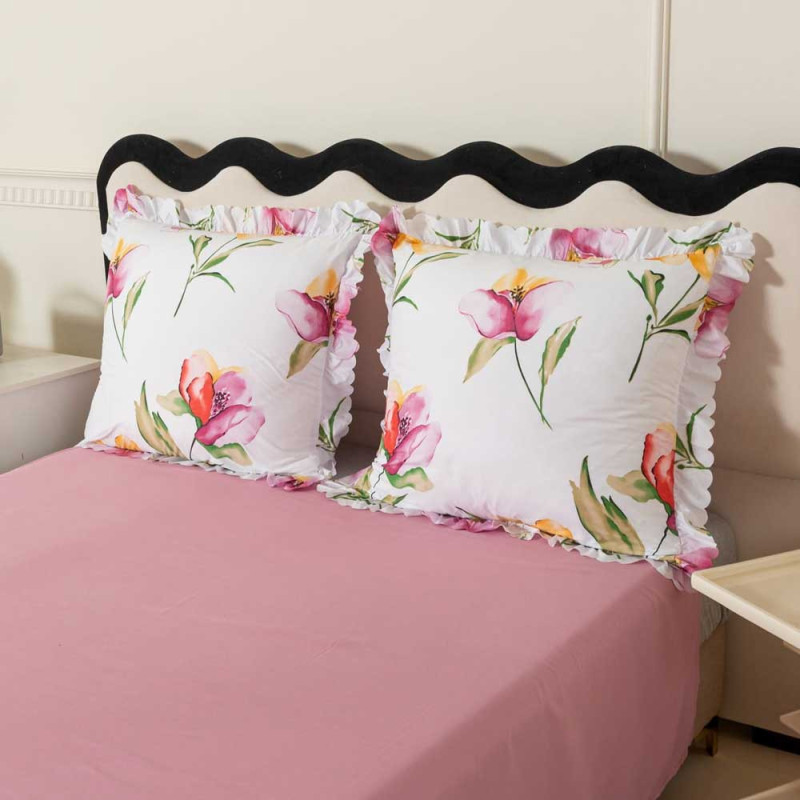 Pościel z falbanką 220x200 mikrofibra Cotton World 3 części różowa w kwiaty 2903