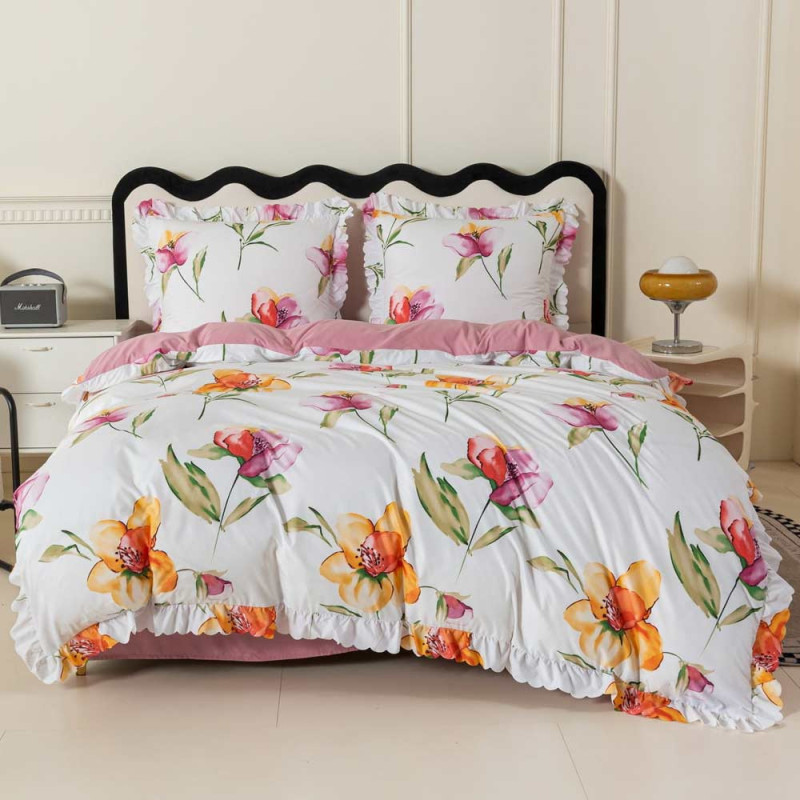 Pościel z falbanką 160x200 mikrofibra Cotton World 3 części różowa w kwiaty 2903