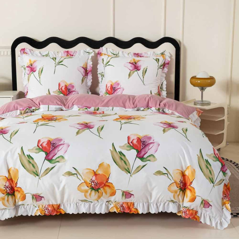 Pościel z falbanką 140x200 mikrofibra Cotton World 2 części różowa w kwiaty 2903