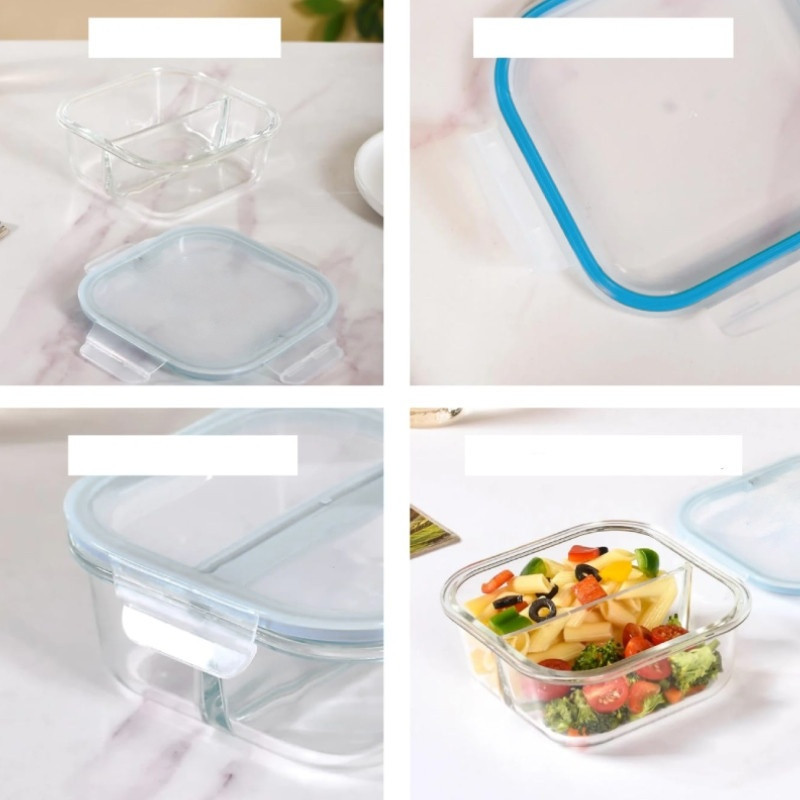 Pojemniki szklane dzielone dwukomorowe Florina Frigo 750 ml zestaw 3 sztuki kwadratowe lunchbox hermetyczne