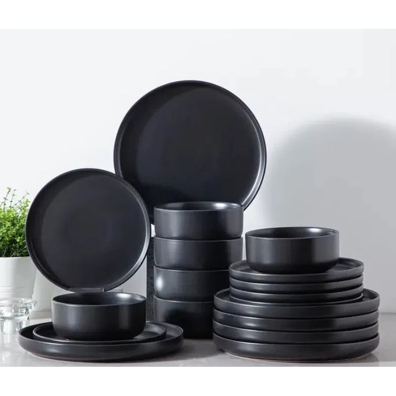 Serwis obiadowy porcelanowy MG Home Artena 22 elementy zestaw talerzy misek dla 6 osób czarny