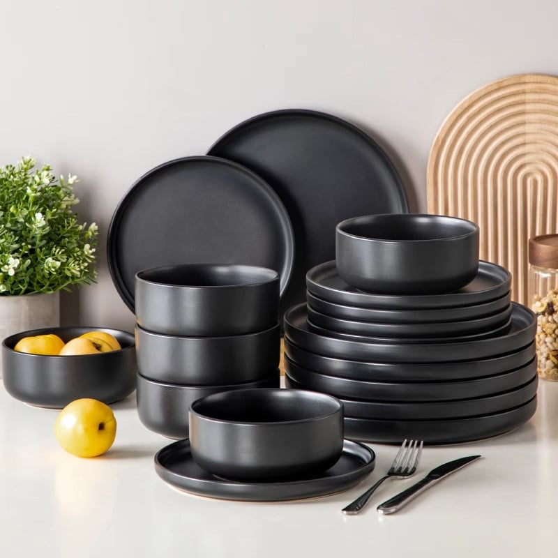 Serwis obiadowy porcelanowy MG Home Artena 22 elementy zestaw talerzy misek dla 6 osób czarny