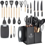 Zestaw noży kuchennych w bloku z przyborami i deską komplet 19 el czarny Elitehoff E 6069