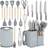 Zestaw noży kuchennych w bloku z przyborami i deską komplet 19 el szary Elitehoff E 6070