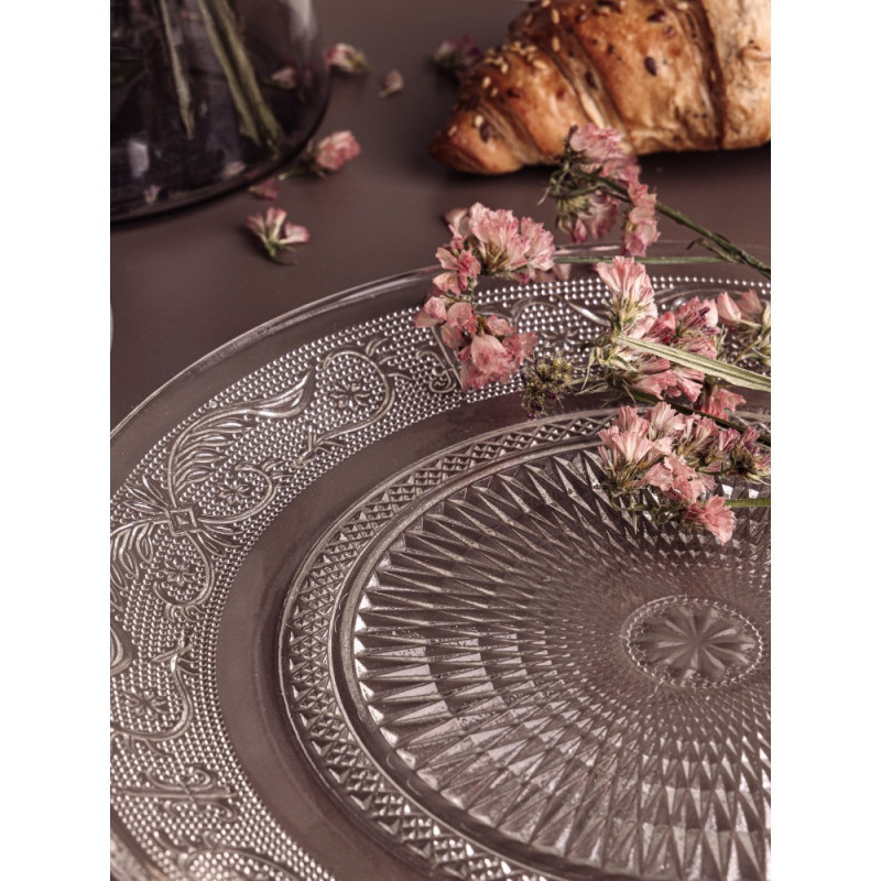 Talerzyki deserowe 18 cm i patera 30 cm szklane Florina Palazzo zestaw 7 sztuk spodek na ciasto deser
