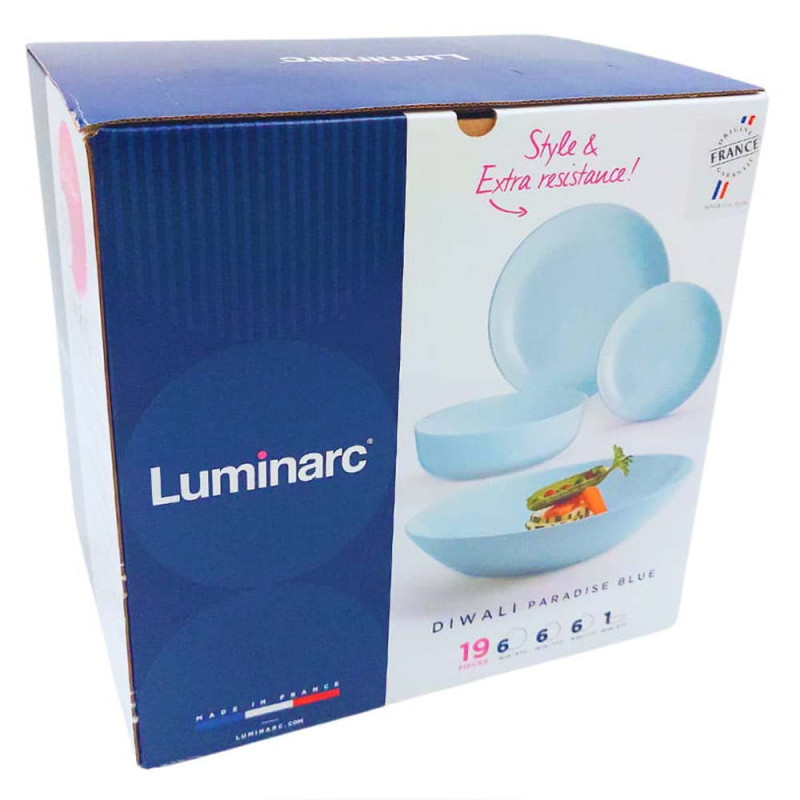 Serwis obiadowy 19 elementowy z dużą salaterką dla 6 osób niebieski Paradise Blue Diwali Luminarc V6213