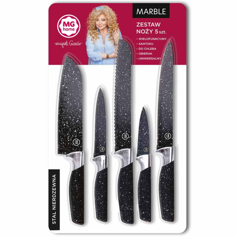 Noże kuchenne zestaw 5 noży MG Home Marble komplet w blistrze czarny marmur ze stali nierdzewnej