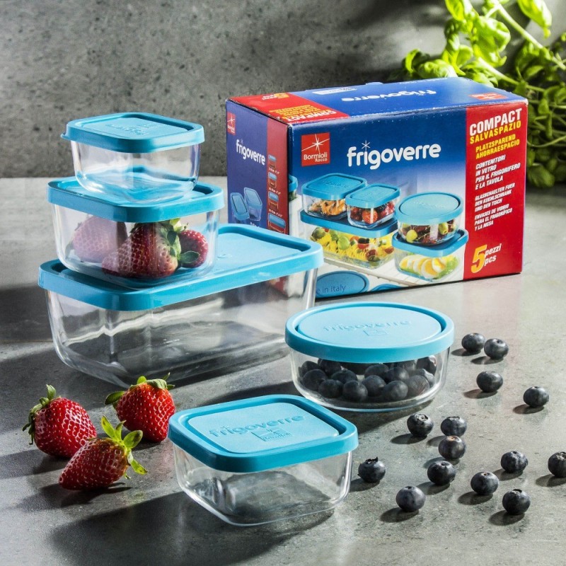Pojemniki szklane zestaw 5 sztuk lunchbox Bormiolli Rocco Frigoverre żaroodporne hermetyczne
