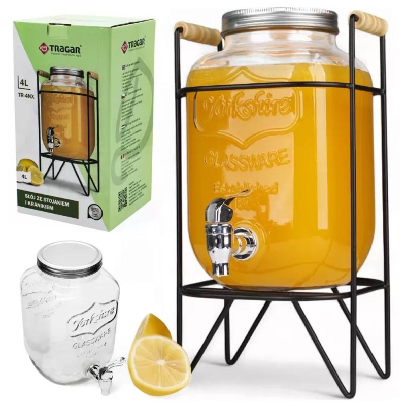 Słój szklany z kranikiem 4 L ze stojakiem do lemoniady napojów wody Tragar 44033