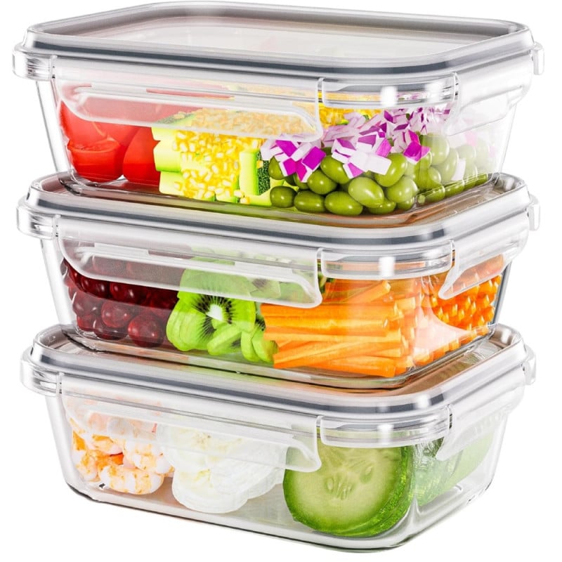 Pojemniki szklane 1500 ml prostokątne lunchbox Fresh zestaw 3 sztuki żaroodporne hermetyczne